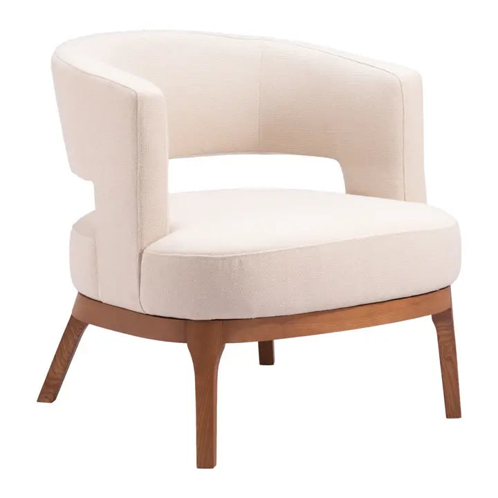 Beige and Brown Fabric and Wood Arm Chair