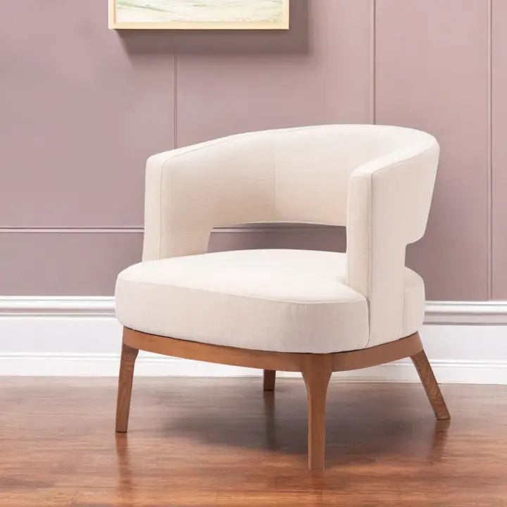 Beige and Brown Fabric and Wood Arm Chair